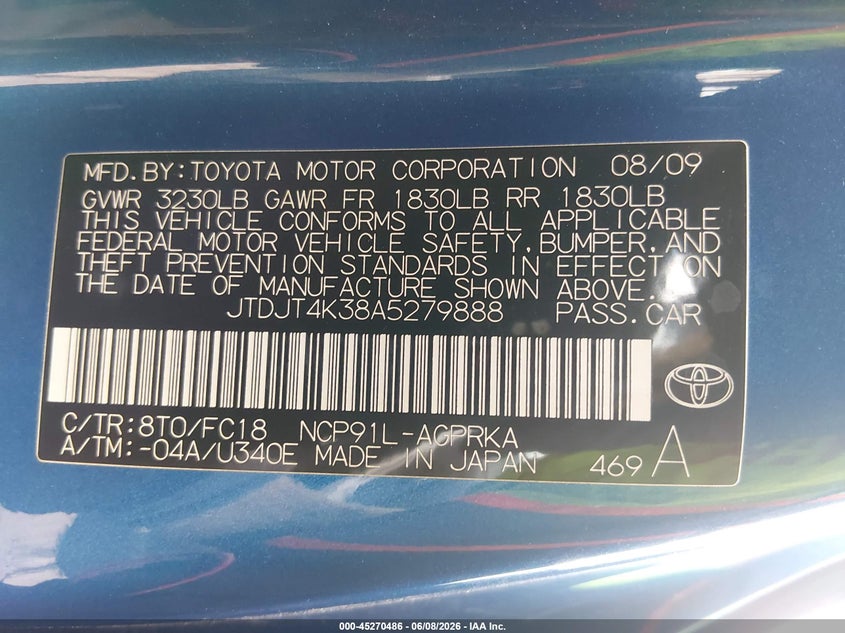 2010 Toyota Yaris VIN JTDJT4K38A5279888 IAAI salvage auction — REAR END, Salvage (Kansas), sold $600 on 2026-07-24 (photo 9)