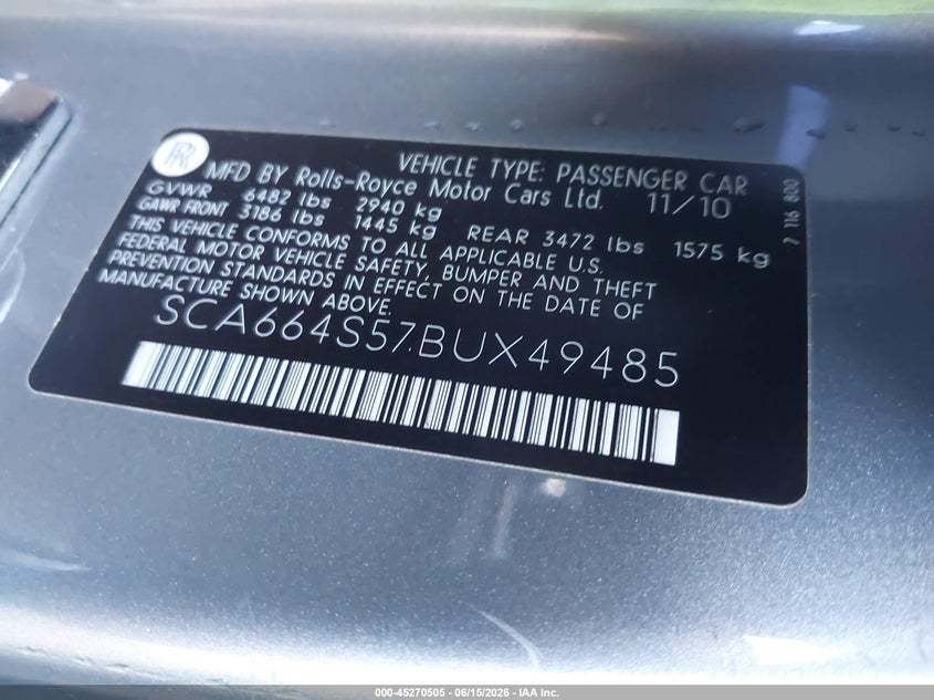 2011 Rolls-royce Ghost VIN SCA664S57BUX49485 IAAI salvage auction — FRONT END, Mv-907A (New York), sold $27,400 on 2026-07-21 (photo 9)