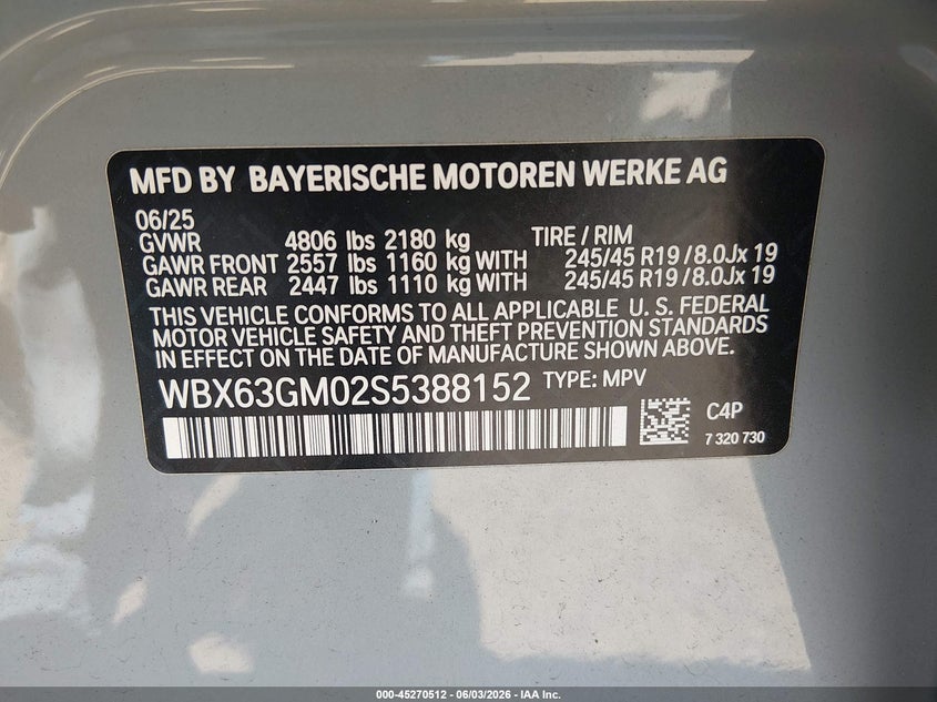 2025 BMW X2 VIN WBX63GM02S5388152 IAAI salvage auction — FRONT & REAR, Salvage Title, sold $15,900 on 2026-07-30 (photo 9)