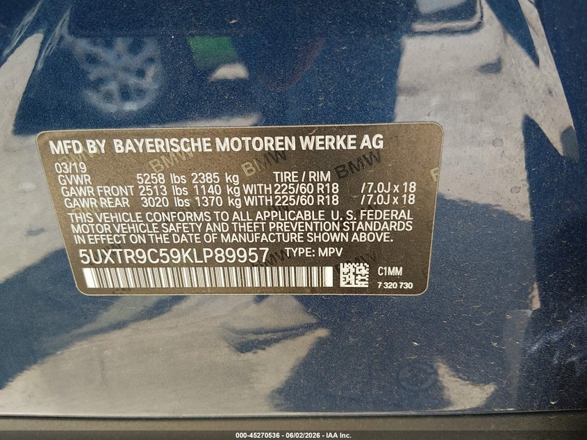 2019 BMW X3 VIN 5UXTR9C59KLP89957 IAAI salvage auction — FRONT & REAR, Salvage Title, sold $5,750 on 2026-07-14 (photo 9)