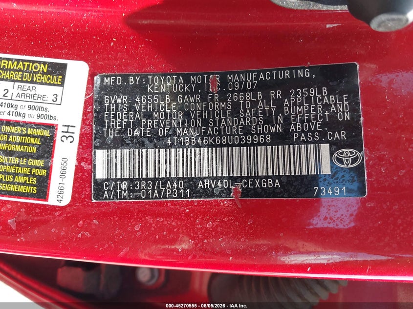 2008 Toyota Camry hybrid VIN 4T1BB46K68U039968 IAAI salvage auction — RIGHT FRONT, Prior Salvage (Minnesota), sold $1,450 on 2026-07-09 (photo 9)