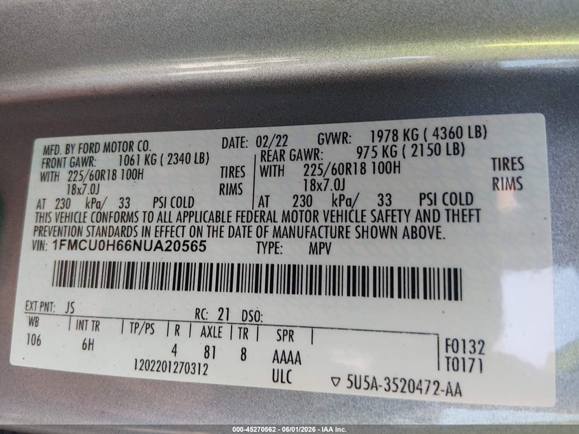 2022 Ford Escape VIN 1FMCU0H66NUA20565 IAAI salvage auction — HAIL, Clear (Oklahoma), sold $8,100 on 2026-07-28 (photo 9)