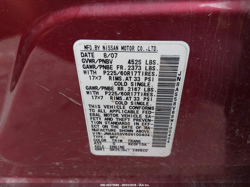 2008 Nissan Rogue VIN JN8AS58V68W100404 IAAI salvage auction — REAR END, Salvage (West Virginia), sold $175 on 2026-07-11 (photo 9)