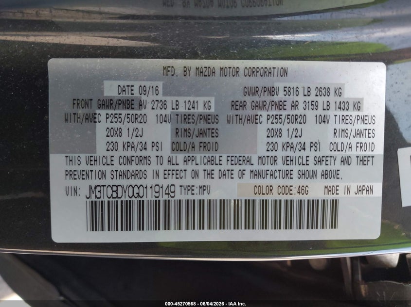 2016 Mazda Cx-9 VIN JM3TCBDY0G0119149 IAAI salvage auction — FRONT END, Salvage (Ohio), sold $1,850 on 2026-07-30 (photo 9)