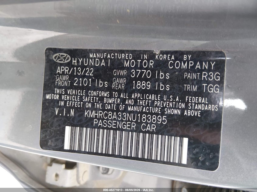 2022 Hyundai Venue VIN KMHRC8A33NU183895 IAAI salvage auction — HAIL, Salvage Title, sold $5,100 on 2026-08-01 (photo 9)
