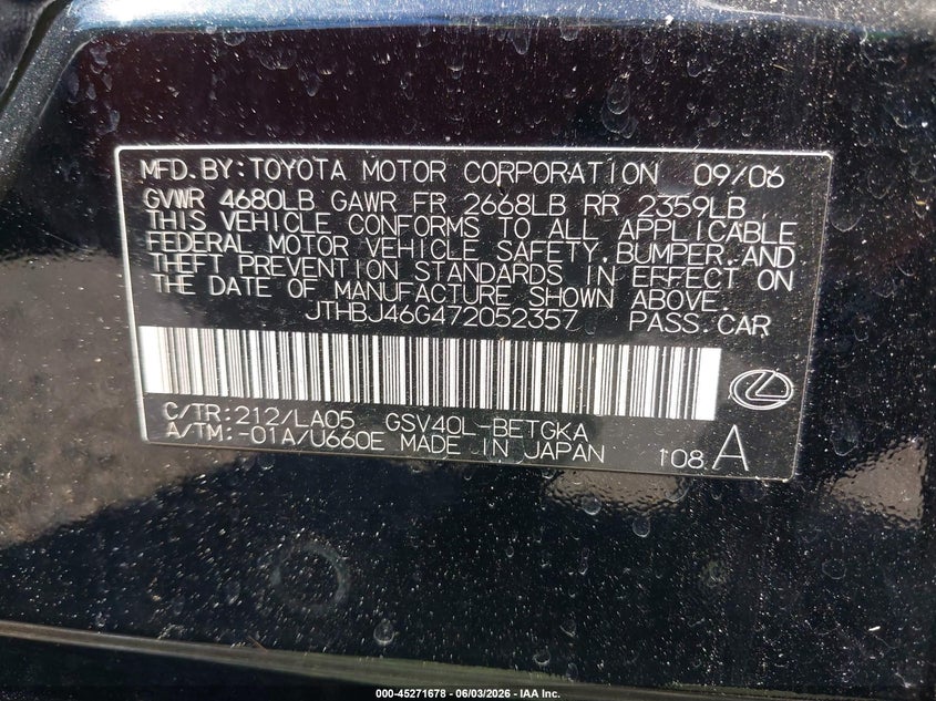 2007 Lexus Es 350 VIN JTHBJ46G472052357 IAAI salvage auction — NORMAL WEAR, Clear (Alabama), sold $25 on 2026-07-29 (photo 9)