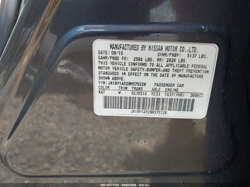 2011 Infiniti M VIN JN1BY1AR2BM375228 IAAI salvage auction — FRONT END, Salvage (Georgia), sold $375 on 2026-07-13 (photo 9)
