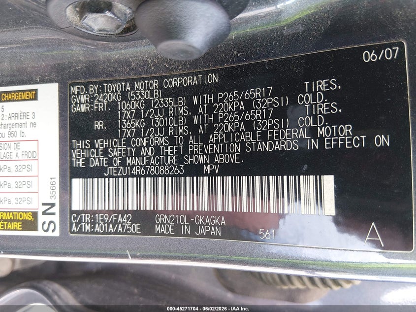 2007 Toyota 4runner VIN JTEZU14R678088263 IAAI salvage auction — FRONT END, Salvage (South Carolina), sold $2,550 on 2026-07-08 (photo 9)