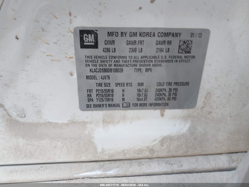 2013 Buick Encore VIN KL4CJDSB0DB108039 IAAI salvage auction — RIGHT FRONT, Salvage Title, sold $475 on 2026-07-23 (photo 9)