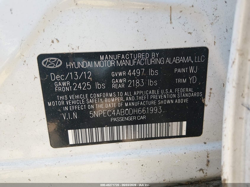 2013 Hyundai Sonata VIN 5NPEC4AB0DH661993 IAAI salvage auction — ALL OVER, Salvage Title, sold $375 on 2026-07-16 (photo 9)