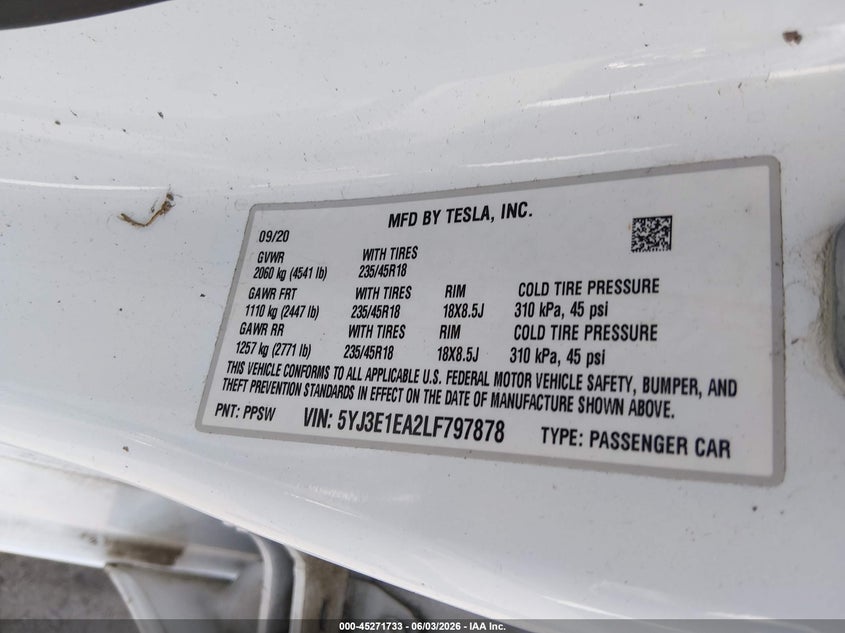2020 Tesla Model 3 VIN 5YJ3E1EA2LF797878 IAAI salvage auction — FRONT END, Salvage Title, sold $3,100 on 2026-08-21 (photo 9)
