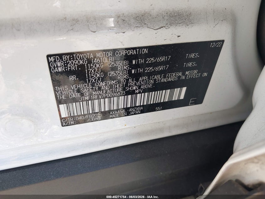 2023 Toyota Rav 4 VIN JTMF1RFV7PD096873 IAAI salvage auction — FRONT END, Salvage Title, sold $6,900 on 2026-07-07 (photo 9)