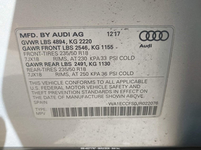 2018 Audi Q3 VIN WA1ECCFS0JR022076 IAAI salvage auction — FRONT END, Salvage Title, sold $2,350 on 2026-07-15 (photo 9)