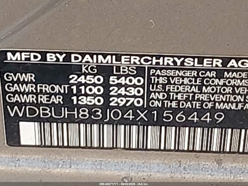 2004 Mercedes-benz E-class VIN WDBUH83J04X156449 IAAI salvage auction — FRONT & REAR, Bill Of Sale (New York), sold $475 on 2026-07-07 (photo 9)