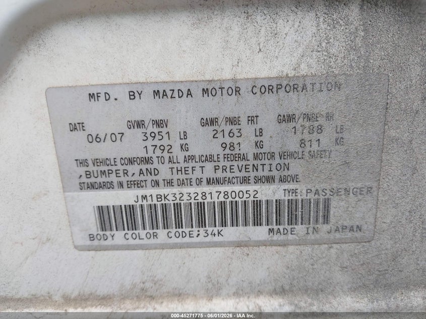 2008 Mazda 3 VIN JM1BK323281780052 IAAI salvage auction — NORMAL WEAR, Clear (North Carolina), sold $325 on 2026-07-09 (photo 9)