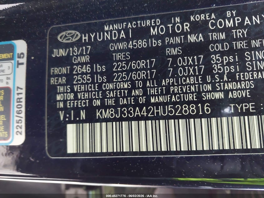2017 Hyundai Tucson VIN KM8J33A42HU528816 IAAI salvage auction — FRONT END, Salvage Title, sold $1,400 on 2026-07-13 (photo 9)