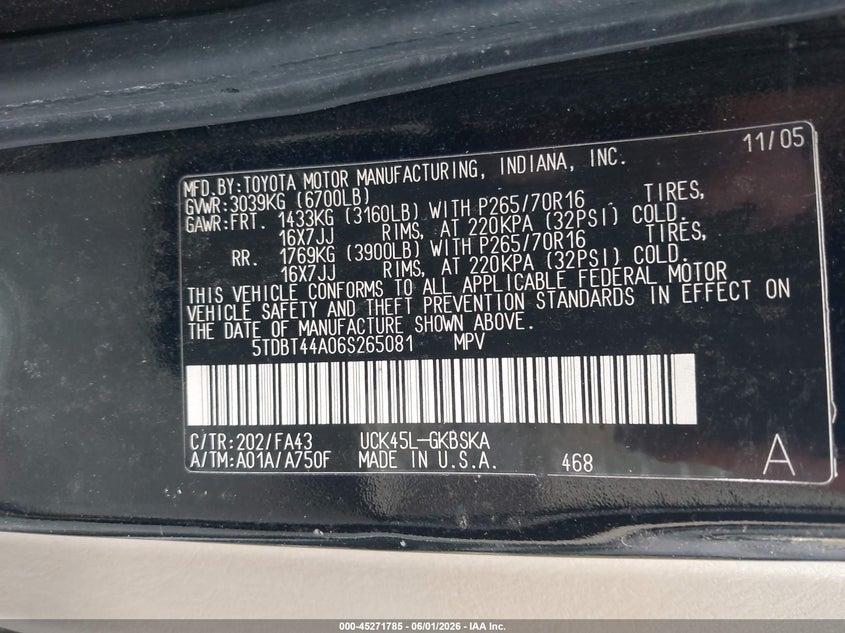 2006 Toyota Sequoia VIN 5TDBT44A06S265081 IAAI salvage auction — SIDE, Repossession Paperwork (Georgia), sold $750 on 2026-07-07 (photo 9)