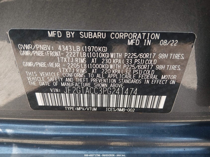 2023 Subaru Xv VIN JF2GTACC3PG241474 IAAI salvage auction — HAIL, Salvage Title, sold $10,700 on 2026-07-14 (photo 9)