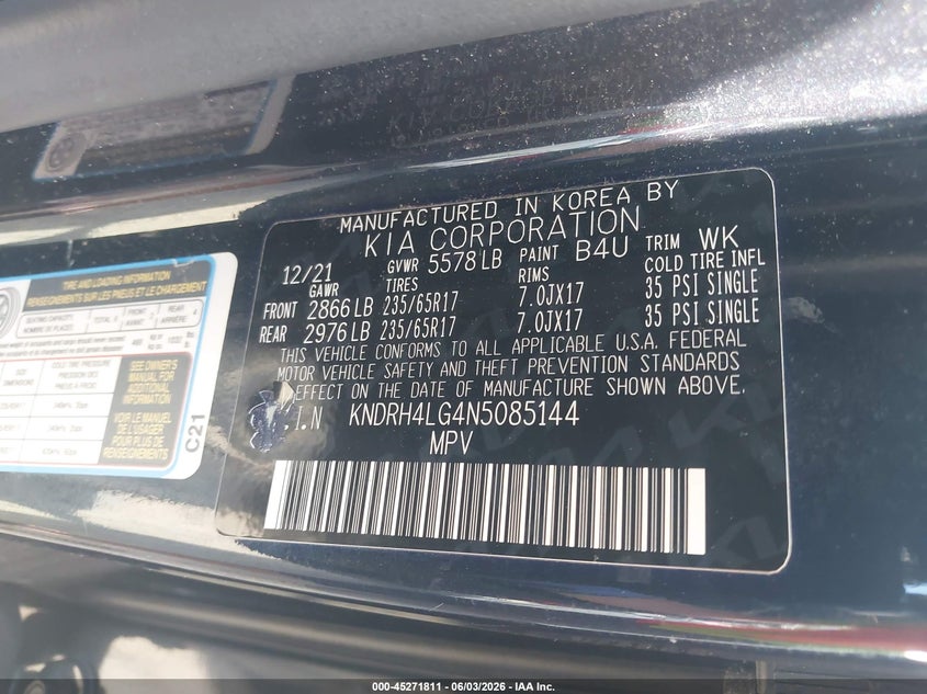 2022 Kia Sorento VIN KNDRH4LG4N5085144 IAAI salvage auction — RIGHT FRONT, Salvage Title, sold $5,300 on 2026-07-31 (photo 9)