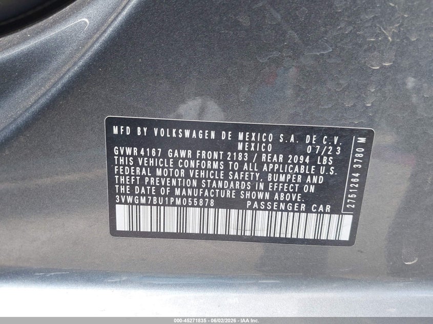 2023 Volkswagen Jetta VIN 3VWGM7BU1PM055878 IAAI salvage auction — FRONT & REAR, Salvage Title, sold $775 on 2026-07-27 (photo 9)