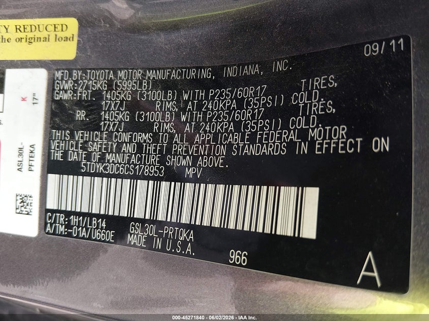 2012 Toyota Sienna VIN 5TDYK3DC6CS178953 IAAI salvage auction — FRONT END, Clear (Oklahoma), sold $1,500 on 2026-07-21 (photo 9)