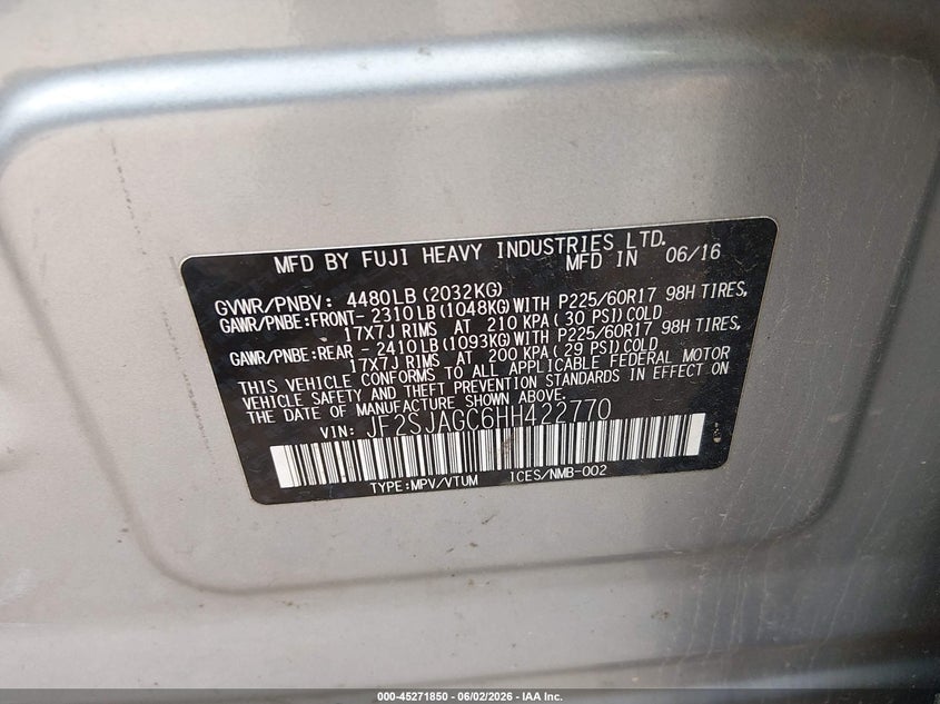 2017 Subaru Forester VIN JF2SJAGC6HH422770 IAAI salvage auction — FRONT END, Salvage Title, sold $350 on 2026-07-06 (photo 9)