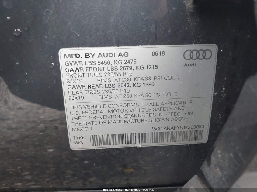 2018 Audi Q5 VIN WA1ANAFY6J2203080 IAAI salvage auction — LEFT SIDE, Salvage (South Carolina), sold $5,400 on 2026-07-29 (photo 9)
