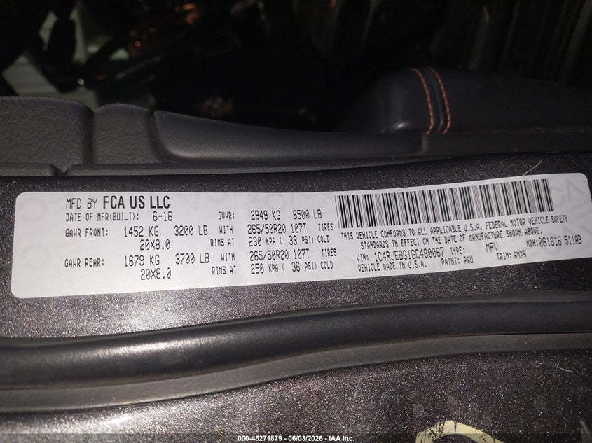 2016 Jeep Grand cherokee VIN 1C4RJEBG1GC480067 IAAI salvage auction — REAR END, Salvage Title, sold $4,250 on 2026-07-17 (photo 9)