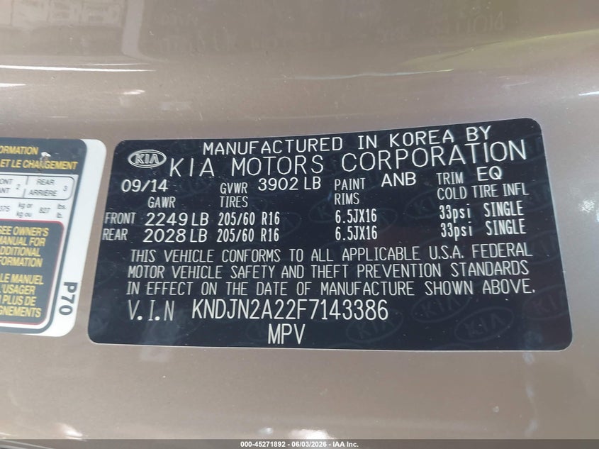 2015 Kia Soul VIN KNDJN2A22F7143386 IAAI salvage auction — FRONT END, Salvage Title, sold $900 on 2026-07-07 (photo 9)