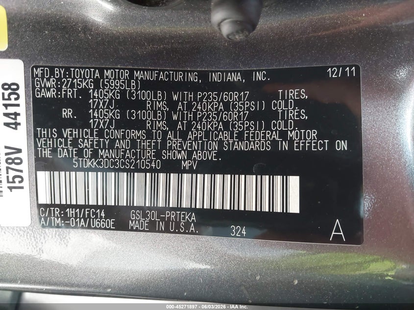 2012 Toyota Sienna VIN 5TDKK3DC3CS210540 IAAI salvage auction — FRONT END, Salvage Title, sold $2,100 on 2026-07-14 (photo 9)