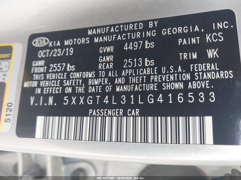2020 Kia Optima VIN 5XXGT4L31LG416533 IAAI salvage auction — THEFT, Salvage - Greater Than 75% (Maryland), sold $825 on 2026-07-30 (photo 9)