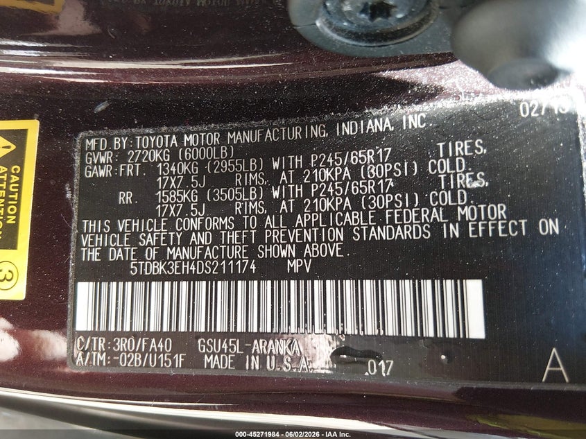 2013 Toyota Highlander VIN 5TDBK3EH4DS211174 IAAI salvage auction — FRONT END, Salvage Title, sold $4,150 on 2026-07-09 (photo 9)