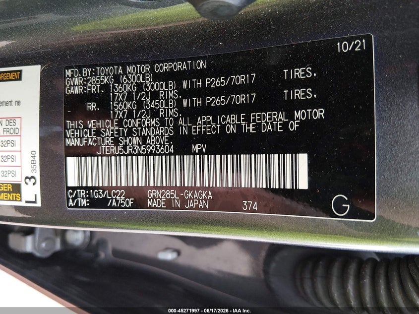 2022 Toyota 4runner VIN JTERU5JR3N5993604 IAAI salvage auction — REAR END, Salvage Title, sold $20,800 on 2026-07-22 (photo 9)