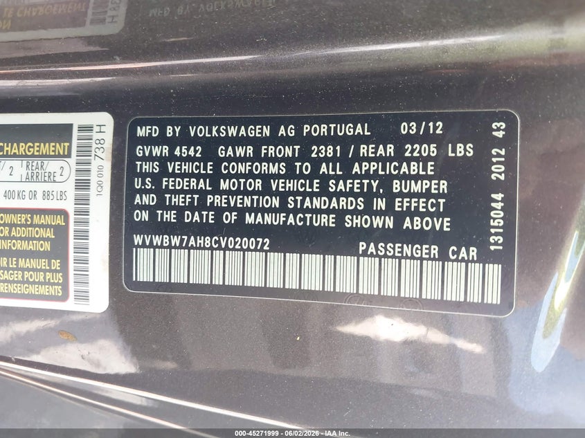 2012 Volkswagen Eos VIN WVWBW7AH8CV020072 IAAI salvage auction — FRONT END, Salvage Title, sold $425 on 2026-07-09 (photo 9)