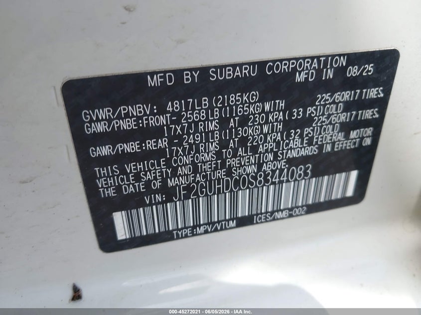 2025 Subaru VIN JF2GUHDC0S8344083 IAAI salvage auction — FRONT END, Salvage (Virginia), sold $4,550 on 2026-08-01 (photo 9)