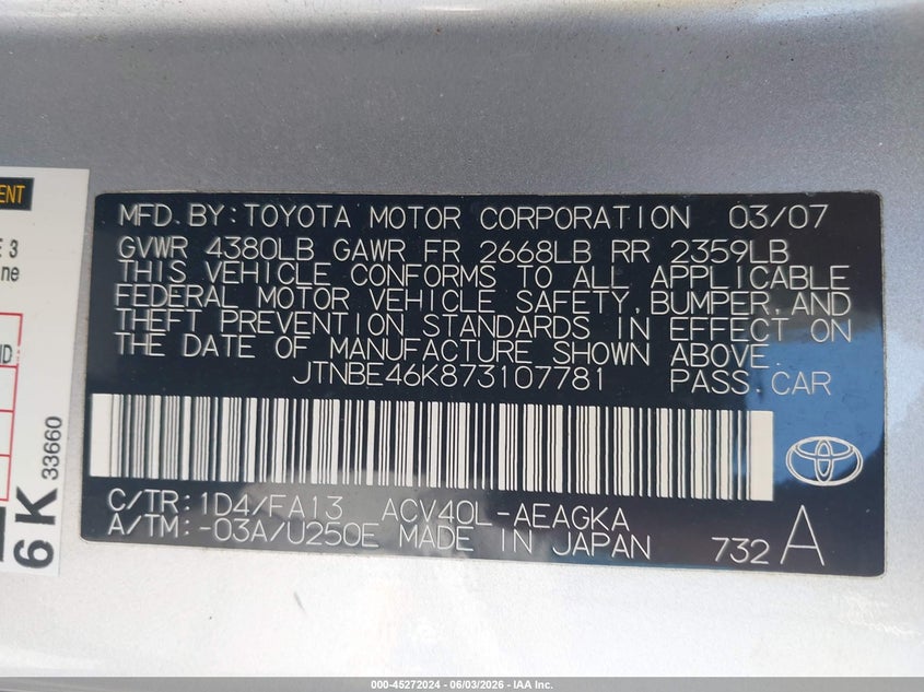 2007 Toyota Camry VIN JTNBE46K873107781 IAAI salvage auction — FRONT & REAR, Prior Salvage (Minnesota), sold $850 on 2026-07-20 (photo 9)