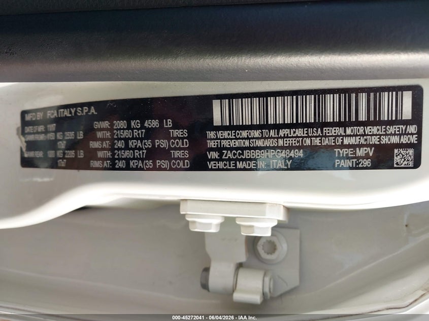 2017 Jeep Renegade VIN ZACCJBBB9HPG48494 IAAI salvage auction — HAIL, Salvage Title, sold $1,875 on 2026-07-13 (photo 9)