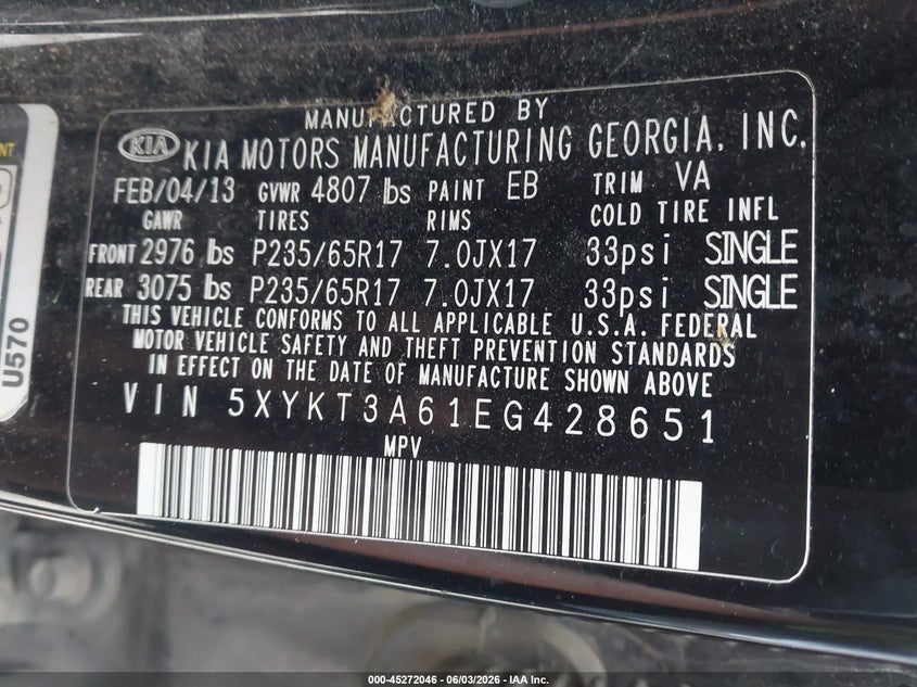 2014 Kia Sorento VIN 5XYKT3A61EG428651 IAAI salvage auction — REAR END, Salvage Title, sold $425 on 2026-07-16 (photo 9)