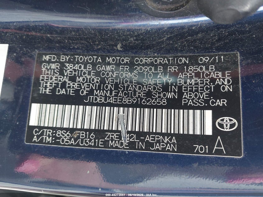 2011 Toyota Corolla VIN JTDBU4EE8B9162658 IAAI salvage auction — LEFT REAR, Bill Of Sale (Alaska), sold $25 on 2026-07-24 (photo 9)