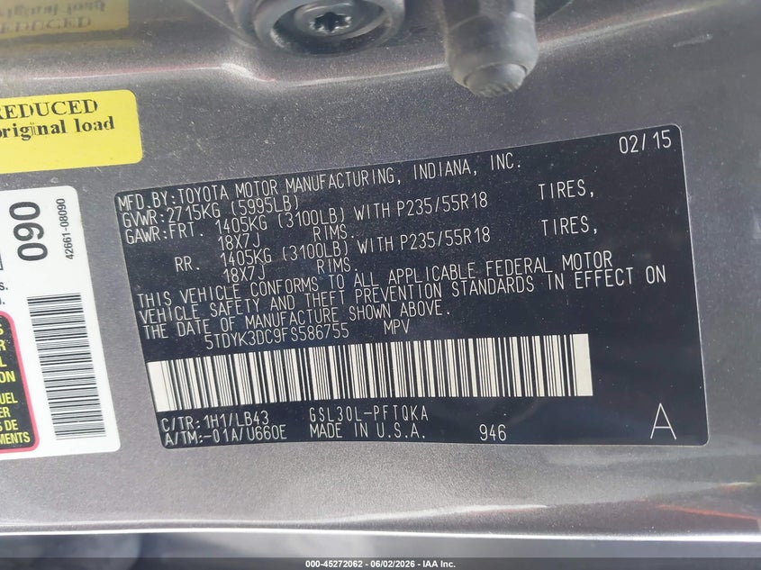 2015 Toyota Sienna VIN 5TDYK3DC9FS586755 IAAI salvage auction — FRONT END, Salvage Title, sold $6,700 on 2026-07-16 (photo 9)