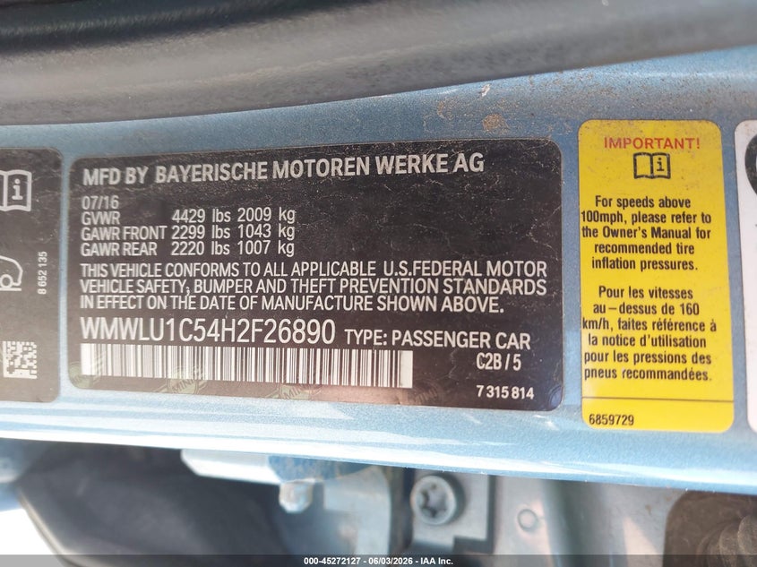 2017 Mini Clubman VIN WMWLU1C54H2F26890 IAAI salvage auction — FRONT & REAR, Salvage Title, sold $850 on 2026-07-14 (photo 9)