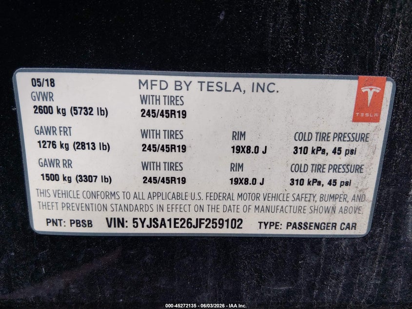 2018 Tesla Model s VIN 5YJSA1E26JF259102 IAAI salvage auction — FRONT END, Salvage Title, sold $3,350 on 2026-07-24 (photo 9)