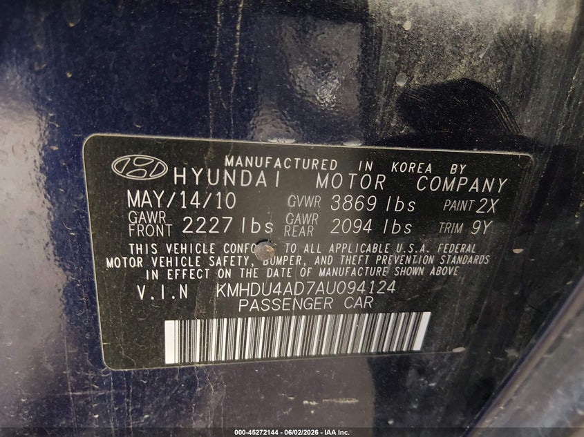 2010 Hyundai Elantra VIN KMHDU4AD7AU094124 IAAI salvage auction — FRONT END, Salvage (Texas), sold $400 on 2026-07-08 (photo 9)