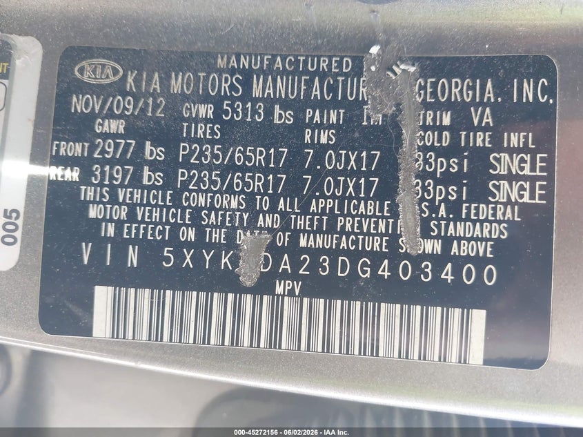 2013 Kia Sorento VIN 5XYKTDA23DG403400 IAAI salvage auction — ENGINE DAMAGE, Clear (Georgia), sold $925 on 2026-07-09 (photo 9)