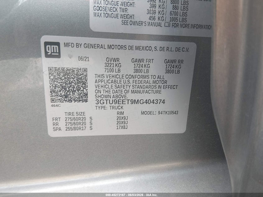 2021 Gmc SIERRA VIN 3GTU9EET9MG404374 IAAI salvage auction — LEFT FRONT, Salvage Title, sold $9,100 on 2026-07-23 (photo 9)
