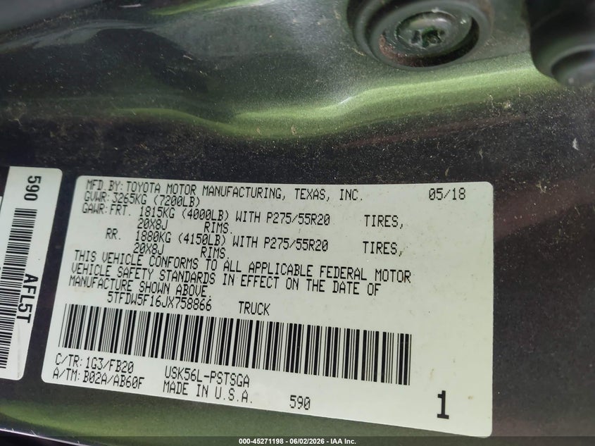 2018 Toyota Tundra VIN 5TFDW5F16JX758866 IAAI salvage auction — RIGHT FRONT, Salvage (Idaho), sold $14,150 on 2026-07-31 (photo 9)