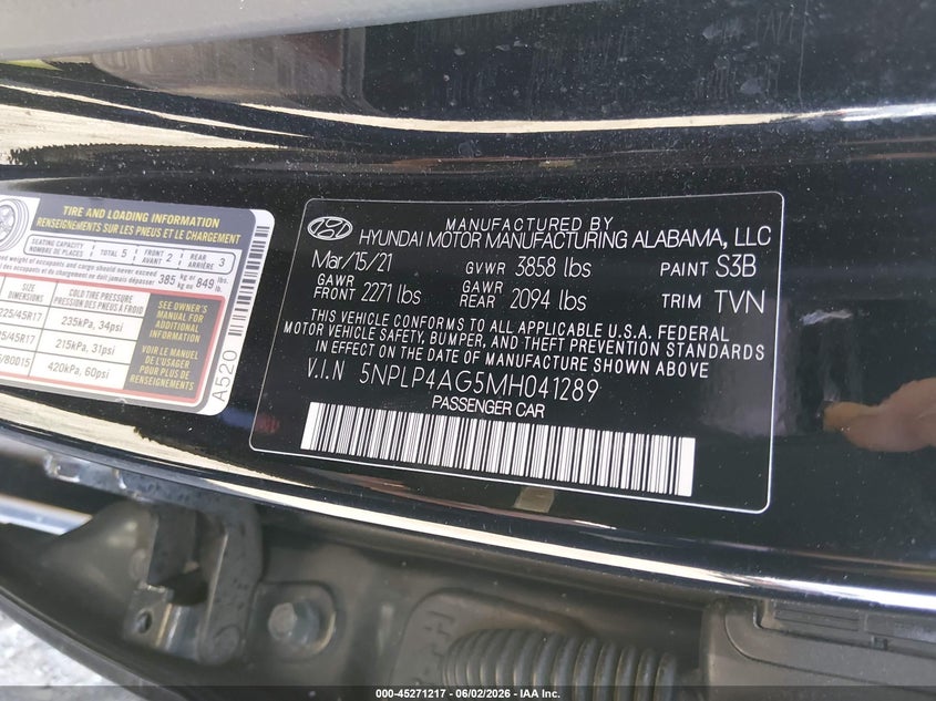 2021 Hyundai Elantra VIN 5NPLP4AG5MH041289 IAAI salvage auction — FRONT END, Salvage Title, sold $3,400 on 2026-07-20 (photo 9)