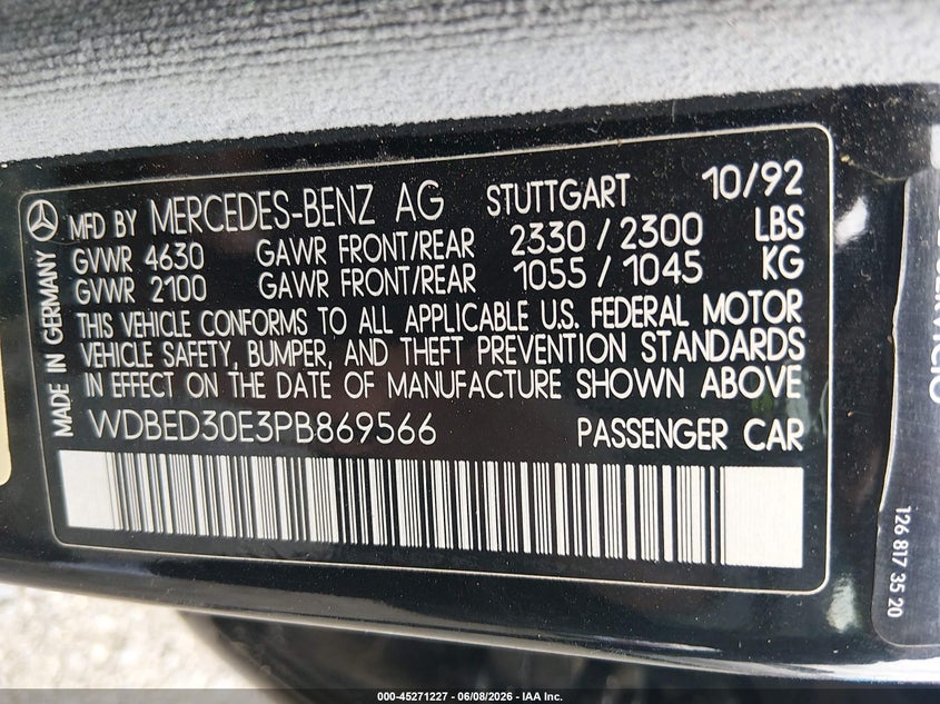 1993 Mercedes-benz 300 VIN WDBED30E3PB869566 IAAI salvage auction — NORMAL WEAR, Clear (Michigan), sold $725 on 2026-07-20 (photo 9)
