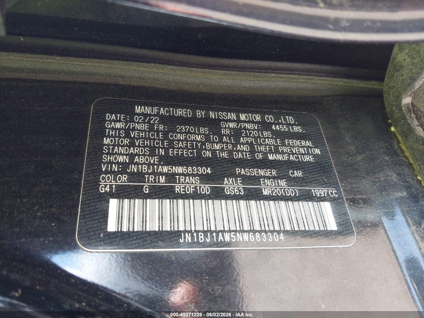 2022 Nissan Rogue VIN JN1BJ1AW5NW683304 IAAI salvage auction — FRONT END, Salvage Title, sold $575 on 2026-07-24 (photo 9)