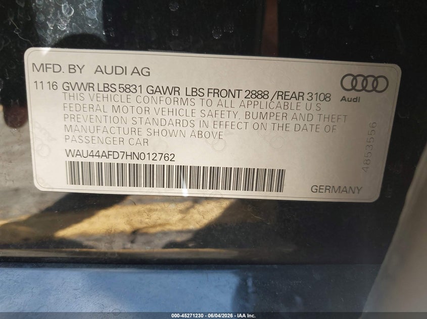 2017 Audi A8 VIN WAU44AFD7HN012762 IAAI salvage auction — FRONT END, Salvage Title, sold $7,850 on 2026-07-30 (photo 9)